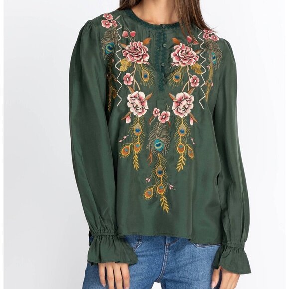 Johnny Was Workshop Quito Victorian peasant prairie silk embroidered blouse - Picture 1 of 9